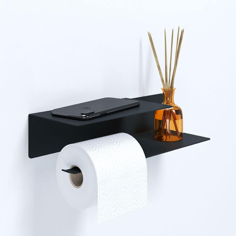 Держатель для туалетной бумаги и освежителя с полочкой настенный металлический черный 30x11x7 левый