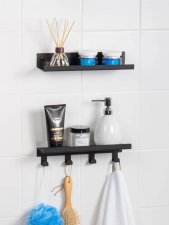 Настенная навесная полка для ванной комнаты и полочка с крючками 30 см Черная